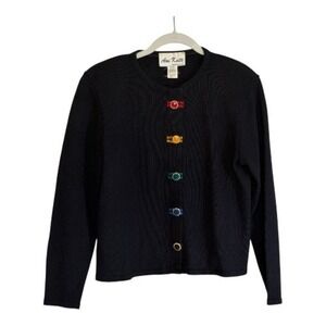 Vintage Ami Knits Black Rainbow‎ Button  Cardigan Women 12 Tight Knit Sweater